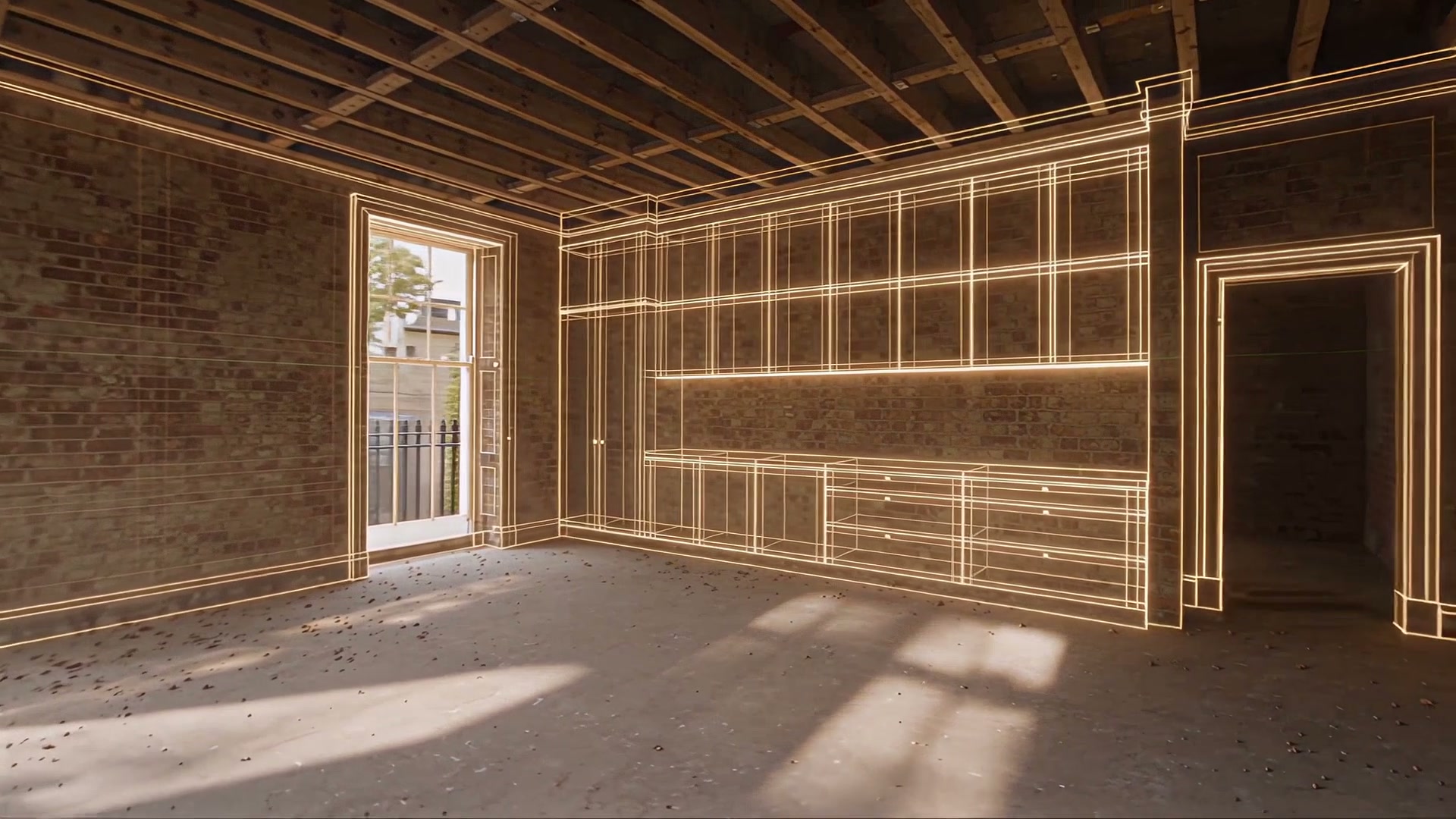 Golden wireframe lines of cabinets, a door and cornices drawn over the bare brick walls of the room