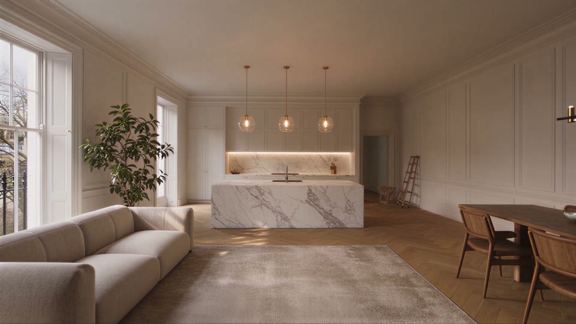 The finished room: a marble island, a grey sofa, a dining table with chairs and a plant by the window