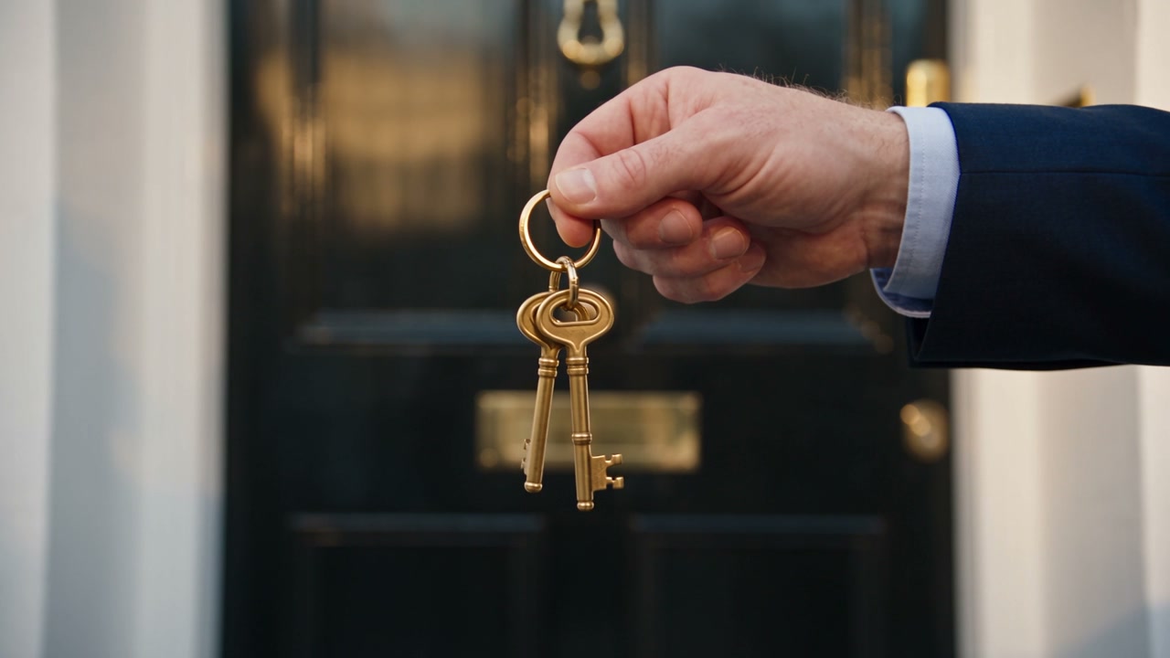 A hand holding two brass keys in front of a black front door