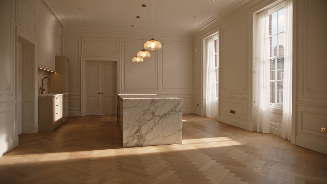 A white panelled kitchen with a marble island and pendant lights