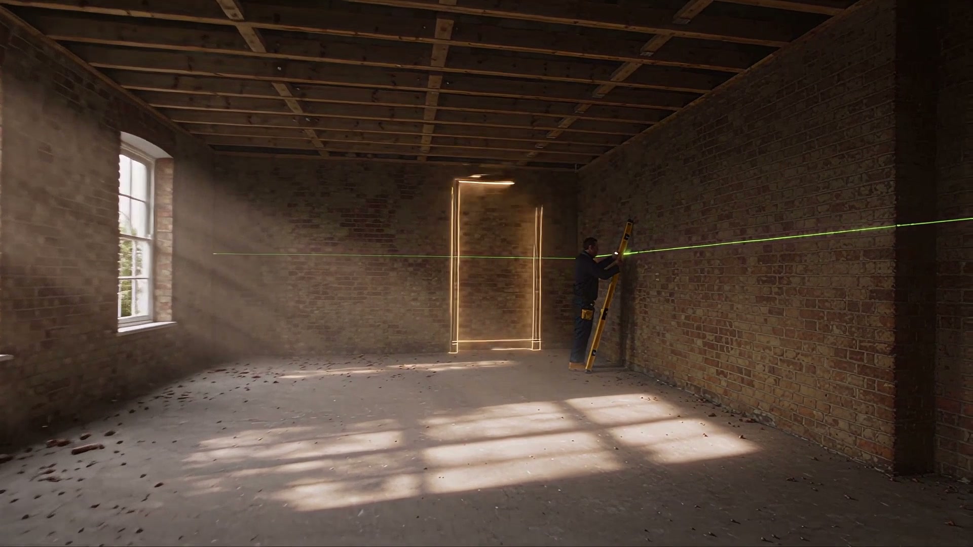 A surveyor with a laser in a stripped brick room