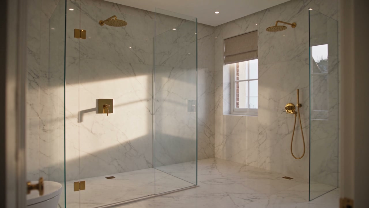 A marble walk-in shower with brass fittings and a sash window