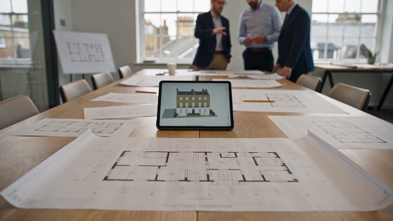 Three people over a table with floor plans and a tablet showing a 3D model of a terraced house