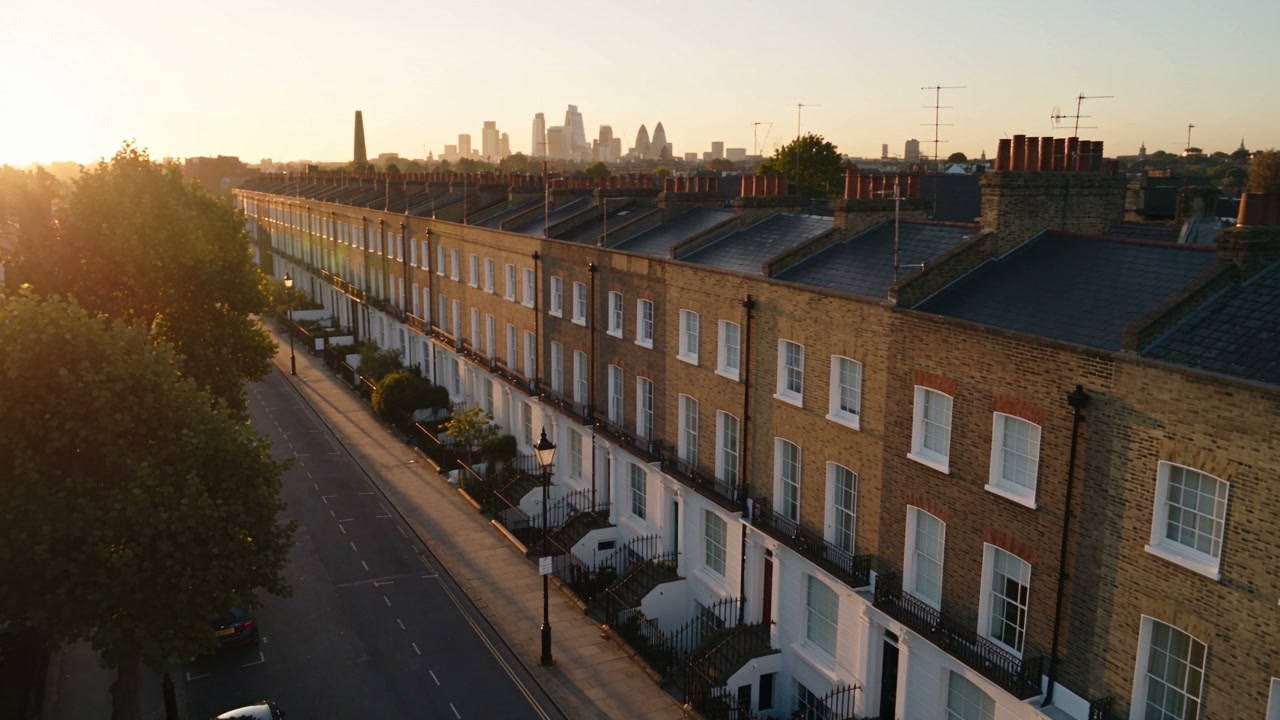 A row of London brick terraces at sunset with the City skyline in the distance